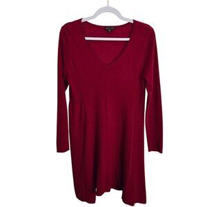 Eileen Fisher 100% Merino Wool Red Assymetric V Neck Sweater Dress Size S